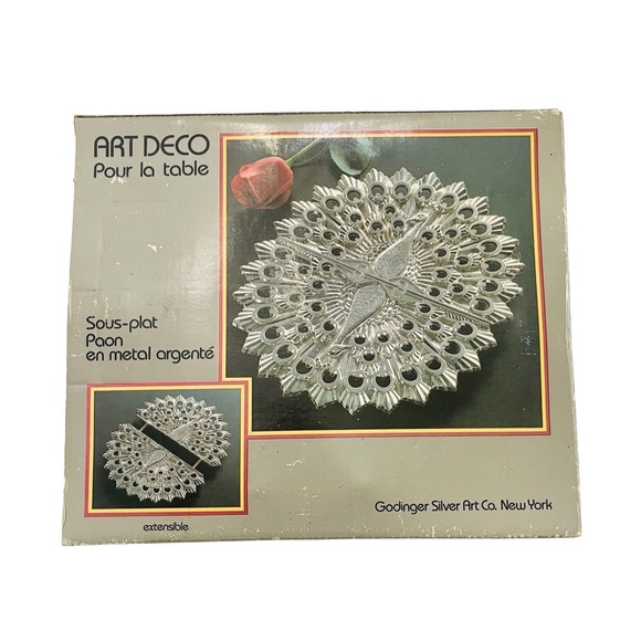 Godinger Silver Art Co. Art Deco Silver Plated Expandable Peacock Trivet w/Box
